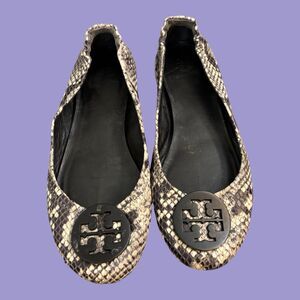 Tory Burch Minnie Roccia Ballet Flats Womens 7.5M Black White Python Snake Print
